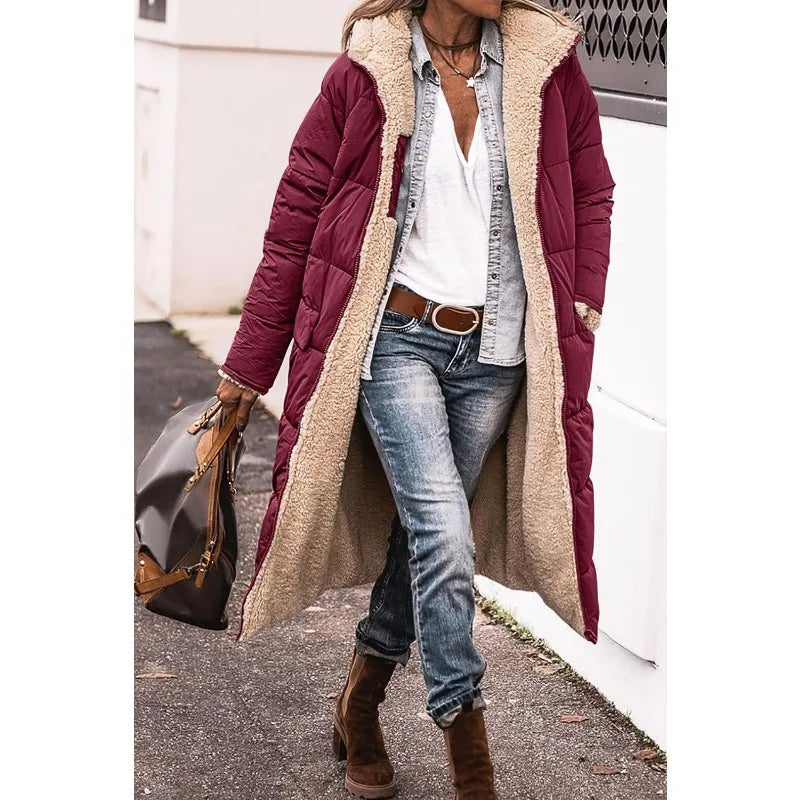 Reversible Sherpa Fleece, Long, Hooded Puffer Coats. Check colors: Brown, Green, Black, Burgundy, Light Gray