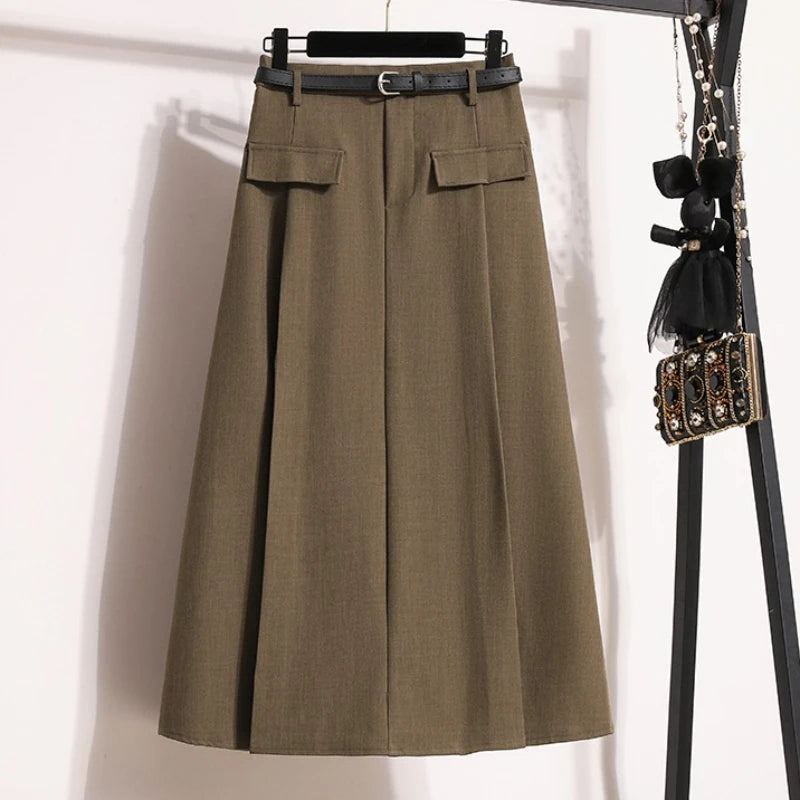 Sizes to 4XL  A-line with Pocket Flaps Solid Simplicity Casual Chic Skirt with Zipper and Elastic Back