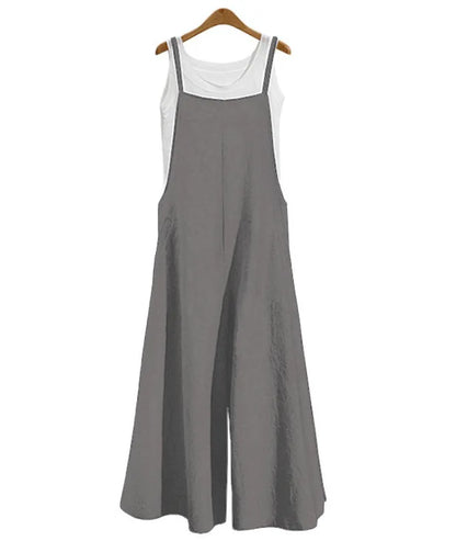 Spaghetti Strapped Jumpsuit to Sizes 5XL. Solid Color, Wide Leg Pants. Bibbed Overalls with Pockets. Casual, Loose, Cotton Linen