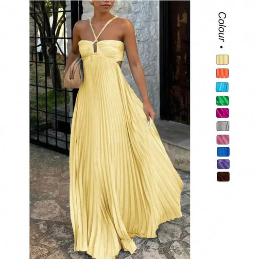 Sizes to XL in 11 Colors.  Strapless High-Waisted Dress with a Long, Full-Pleated Skirt