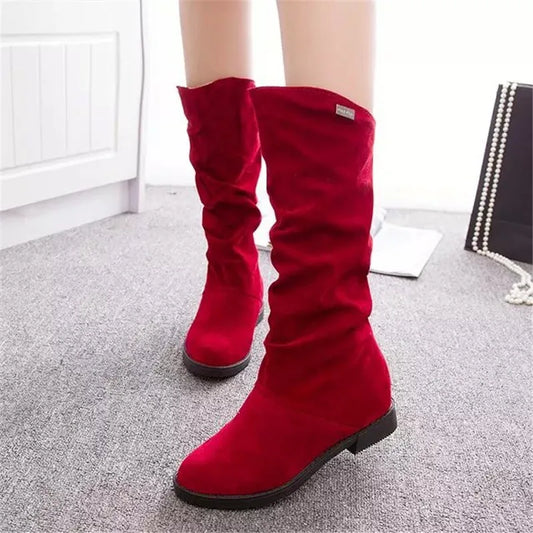 Mid-Calf Faux Suede Boots with Warm Plush Lining. Come in Brown, Black, and Red