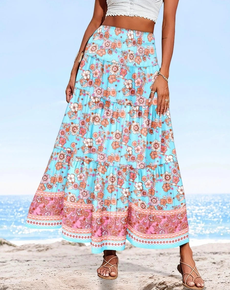 Boho Floral Print Tiered Maxi Skirt High Waist Smocked Long Skirt