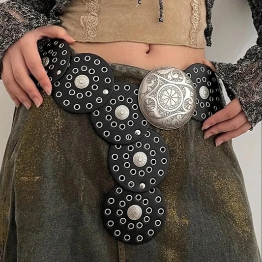 Vintage Riveted Leather Patchwork Design Wide Belt