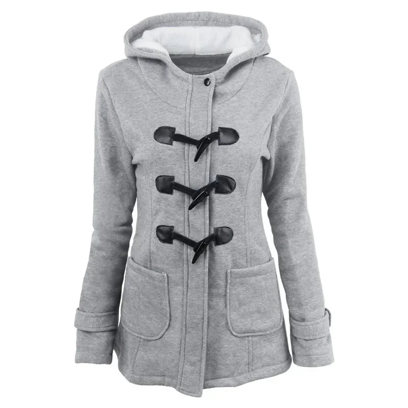 Hooded Women's Overcoat, Zipper Closure with Button Decorations and Pockets