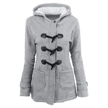 Hooded Women's Overcoat, Zipper Closure with Button Decorations and Pockets