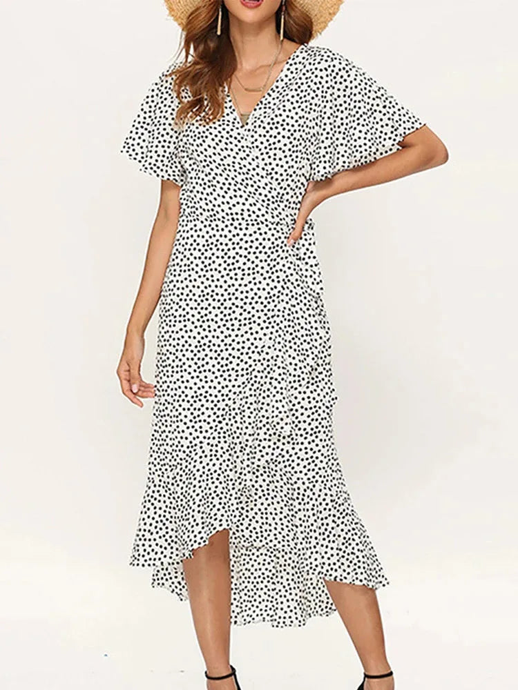 Bohemian Long Chiffon Dress, Ruffle Hem, Wrap  with Tie, Casual V-Neck
