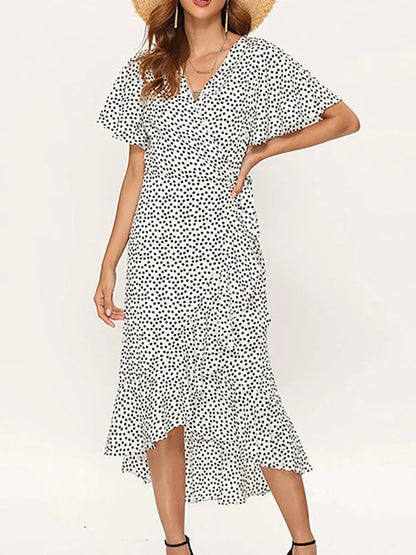 Bohemian Long Chiffon Dress, Ruffle Hem, Wrap  with Tie, Casual V-Neck