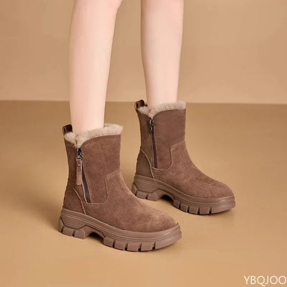 Thick cotton-lined snow boots with side zipper, weather-resistant, anti-slip, and  versatile short boots