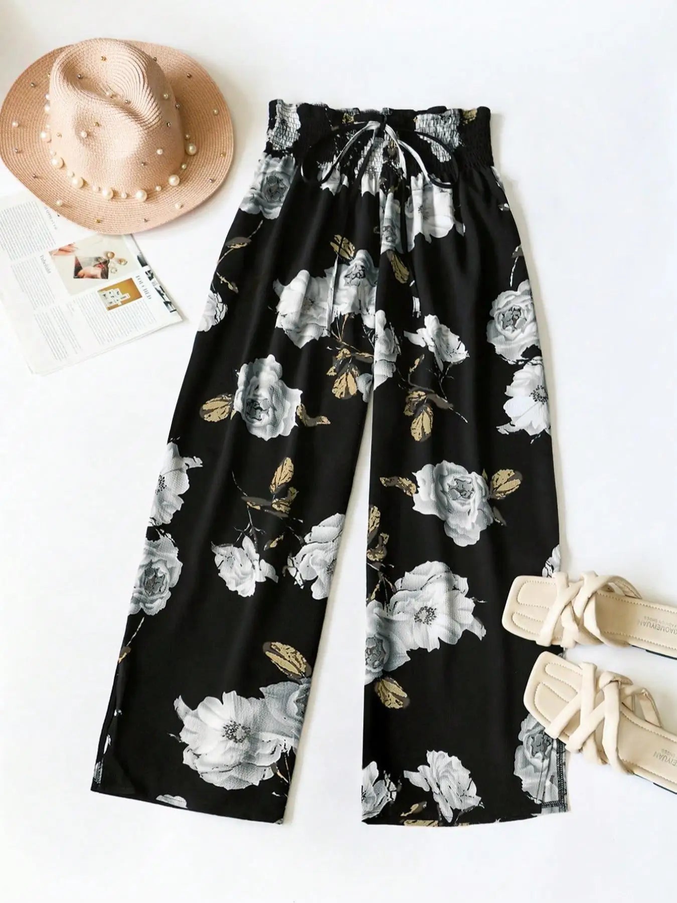 Boho Plus Size Up to 4XL Floral Print Wide Leg, High Elastic Waist with Tie Trousers.  2 Designs