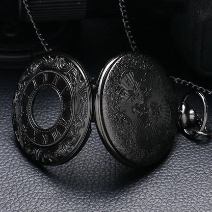 Vintage Charm Black Unisex Fashion Roman Numeral Quartz Steampunk Pocket Watch with Necklace chain