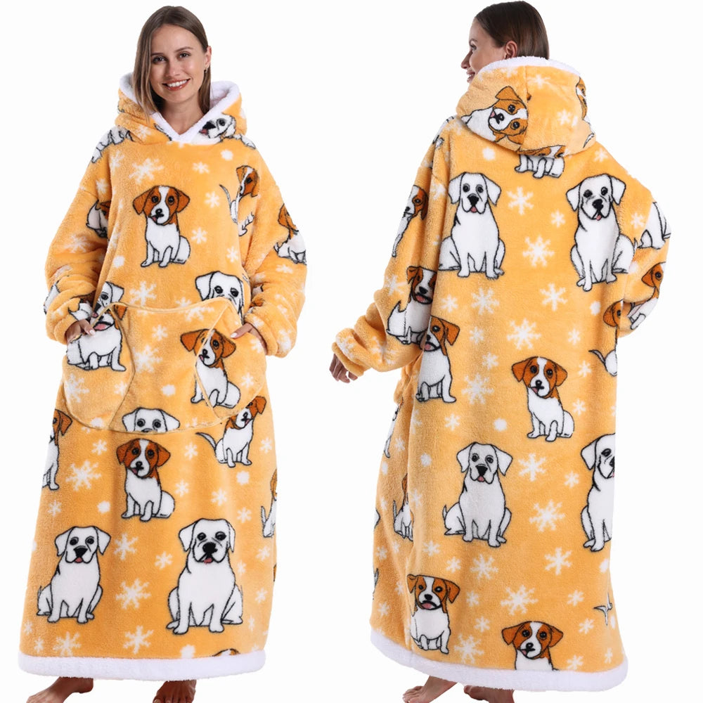 Super Long Flannel Pullover Night Shirt with Pocket and Hood, Super Snuggly for Men and Women, 12 Different Prints