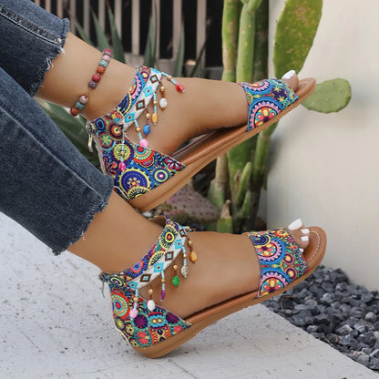 Beaded Romanesque Flat Bottom Women's Sandals Back Zipper Bohemian Flats