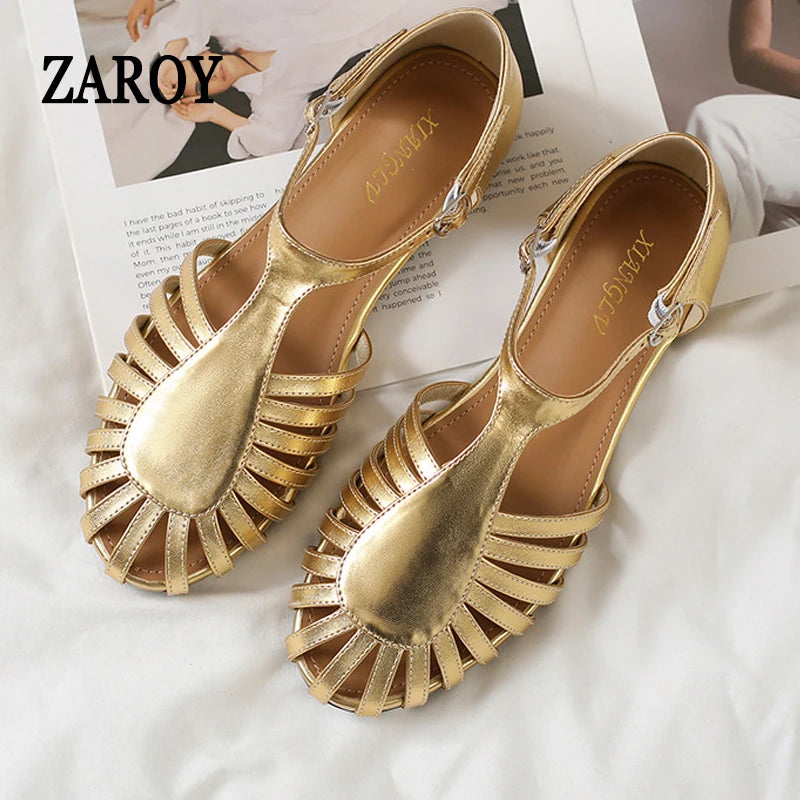 Flat Sandals with Cover Toe Weave Hollow Romanesque Footwear