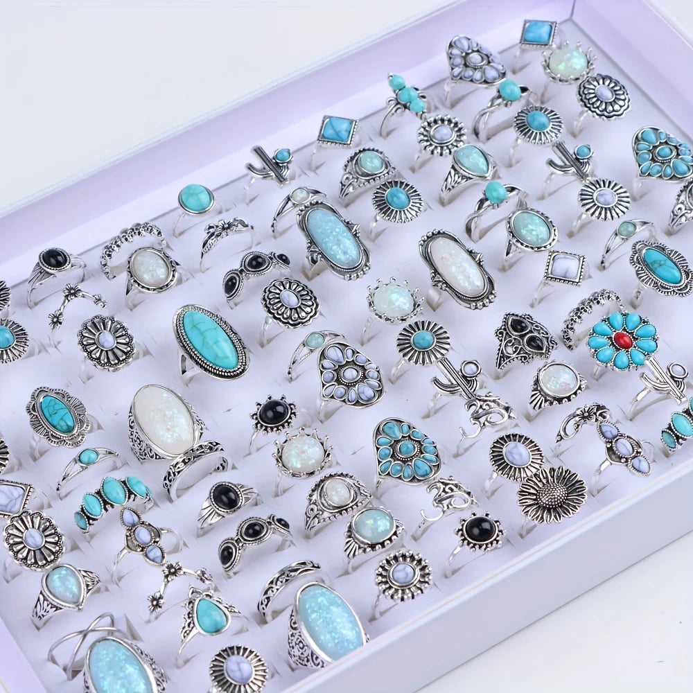 Tray of 20Pcs Vintage Bohemian Turquoise Stone Rings For Women Men Mix