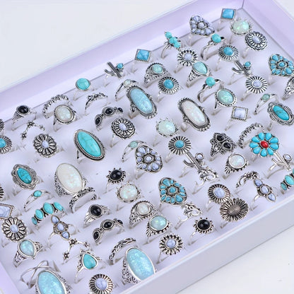 Tray of 20Pcs Vintage Bohemian Turquoise Stone Rings For Women Men Mix