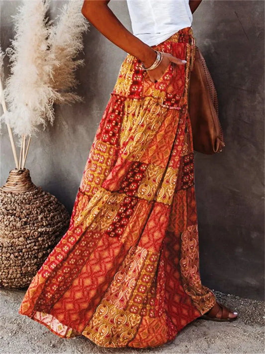Bohemian Long Skirt with  Elastic High Waist, Tiered A-line with Pockets