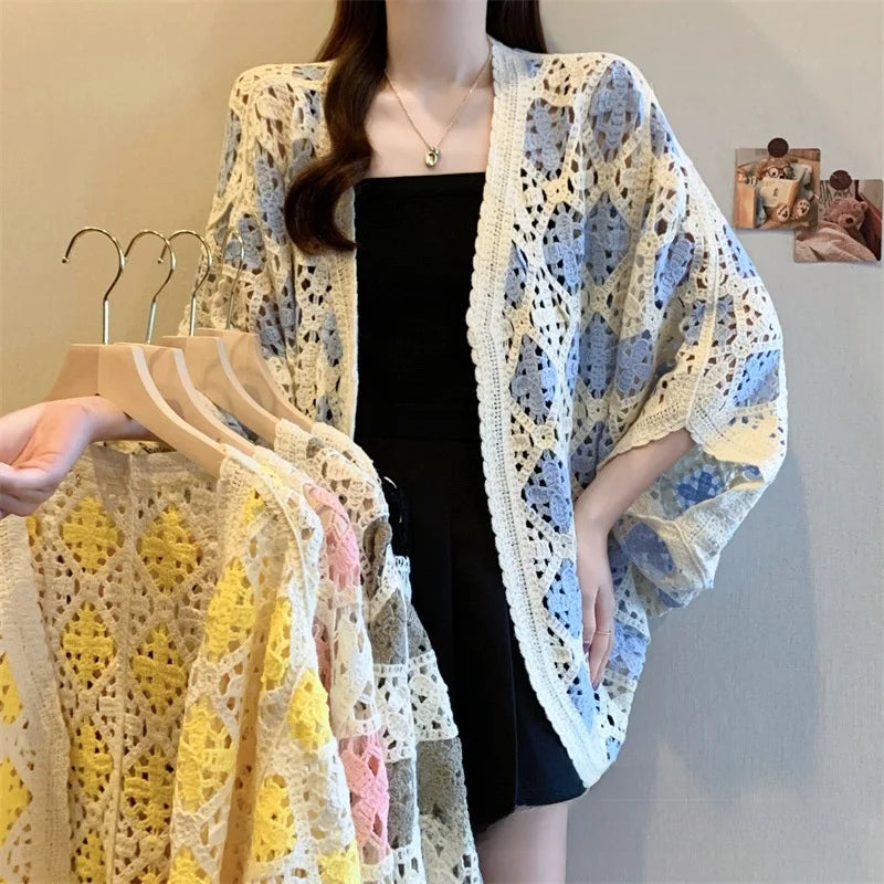 Bohemian Style Hollowed-out Long Sleeve Light Weight Sweater with V Neck and Batwing Sleeves