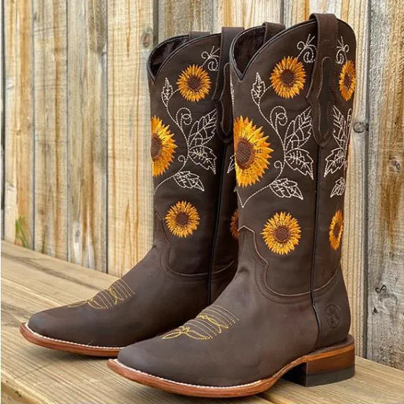 Embroidered Light, Medium, and Dark Brown Faux Leather Boots Deep High Female Casual Boots