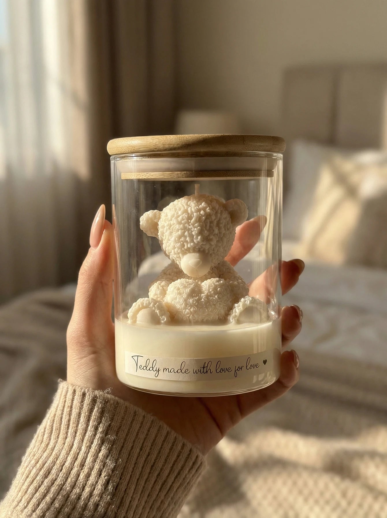 Cute Teddy Bear Scented Candle Glass Jar Soy Wax Aromatherapy