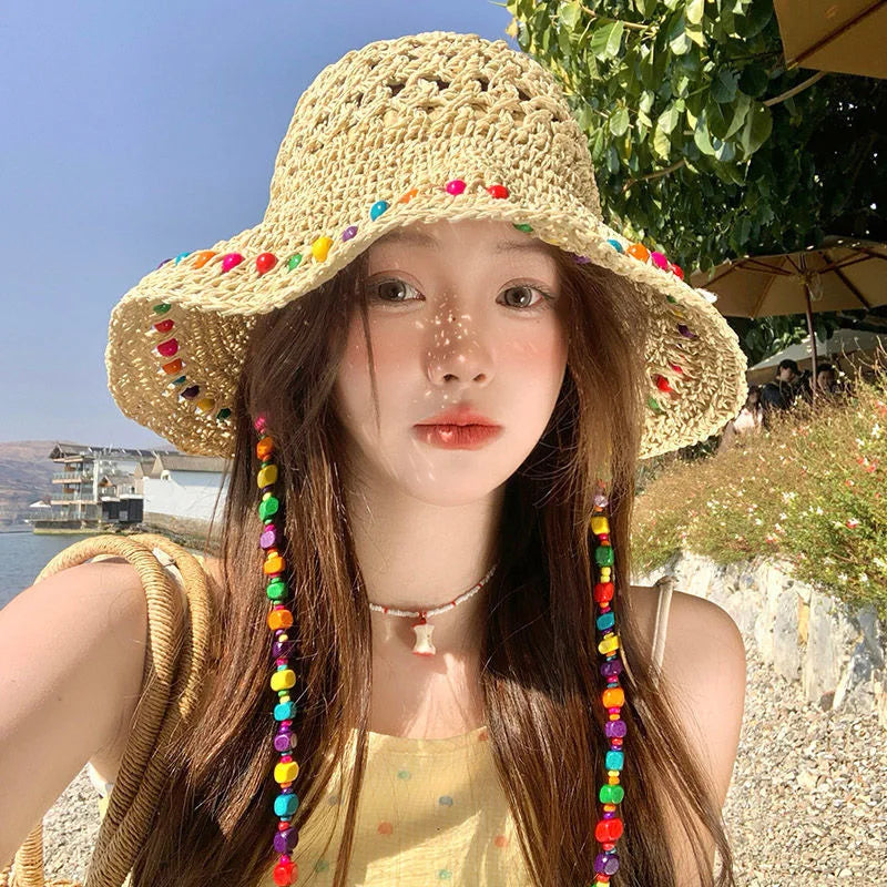 Weaved Bohemian Wide floppy Brimmed Bucket Hats with beads
