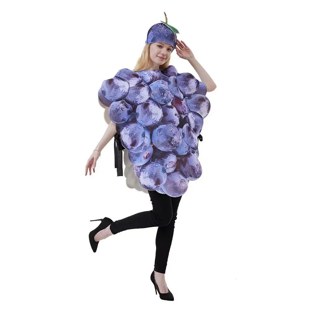 Halloween Funny Cosplay Fruit and Vegetable Costumes, also including grapes, hot pepper, tomato, avocado, and peas!