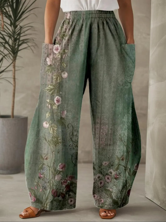 Plus Size 1XL-5XL Boho Casual High Waisted, Elastic Waist, Pocket, Loose Long Pleated Wide Leg Harem Pants