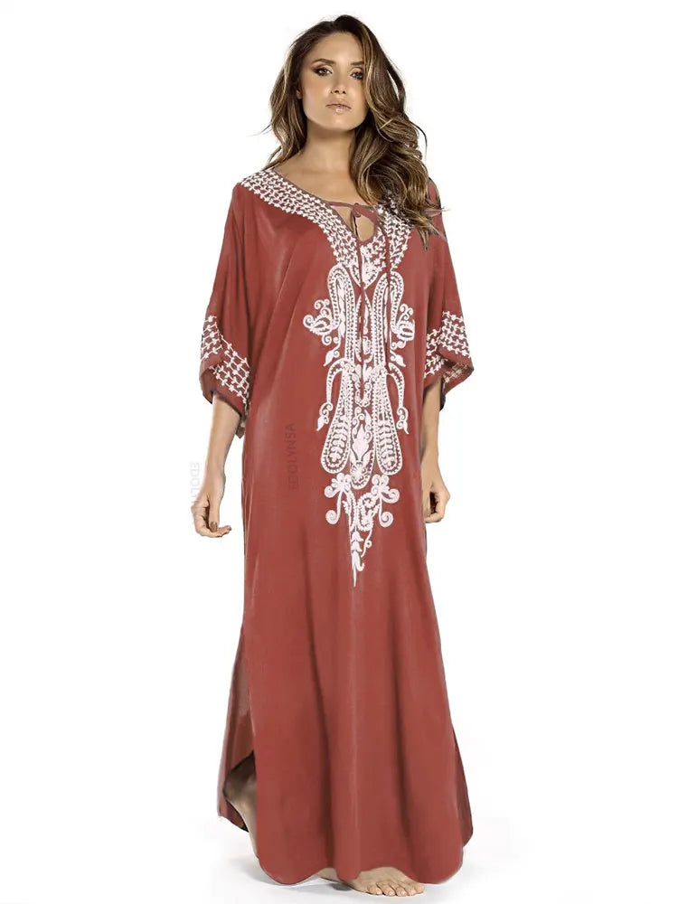 Embroidered 3/4 Sleeve Cotton Kaftan Swimsuit Cover Up Lounging Robe . 14 Designs