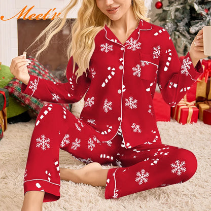 Christmas Long Sleeved Long Pants Snowflake Print Pajamas in Red, Green, White