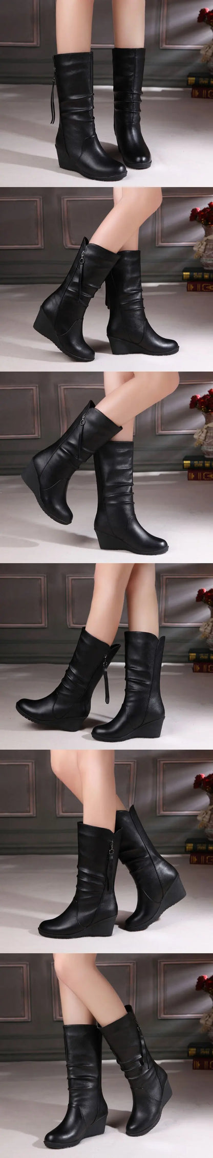 Boots with Wedged Heels, Thick Warm Wool Lining, Mid-calf Snow Boots