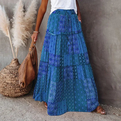 Bohemian Long Skirt with  Elastic High Waist, Tiered A-line with Pockets