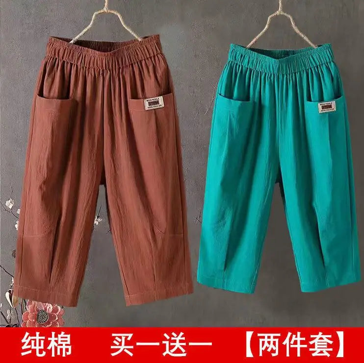Cotton Linen Cropped 3/4 Length Pants, Loose, Linen with Elastic Waist and Pockets