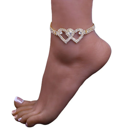 Double Heart Anklet with Crystal Cubic Zirconia Chain, Ankle Bracelet, Foot Jewelry