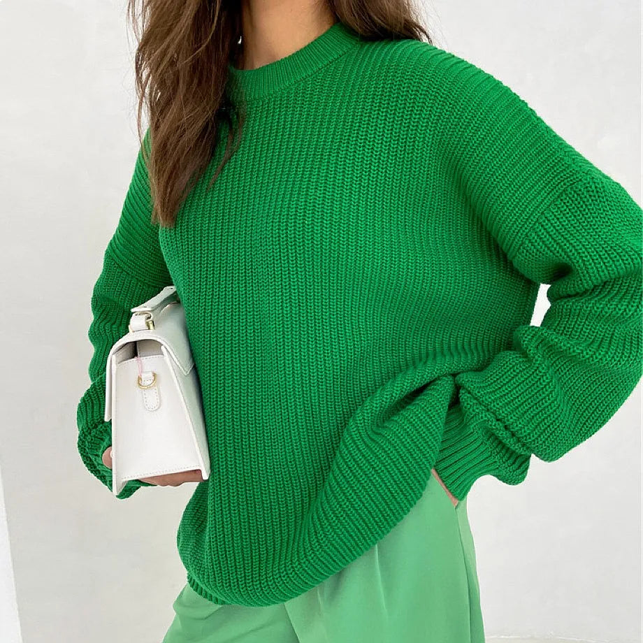 Chunky Knit Oversized Crew-Neck Pullover Sweater, 16 Colors