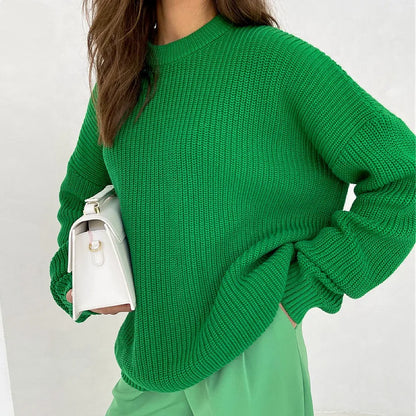 Chunky Knit Oversized Crew-Neck Pullover Sweater, 16 Colors