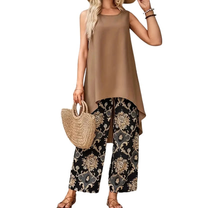 Size to 5XL High Low Hem Solid Tank Top & Wide Leg Pants Outfit Floral Print Casual Pantsuits with Crew Neck