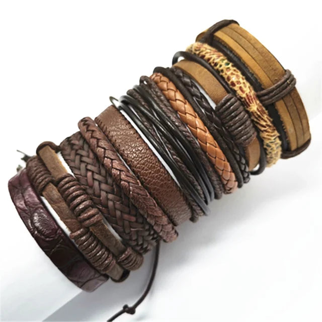 10 Pcs/set Black Wrapped and Woven Handmade Bracelets Male or Women Leather Bracelets