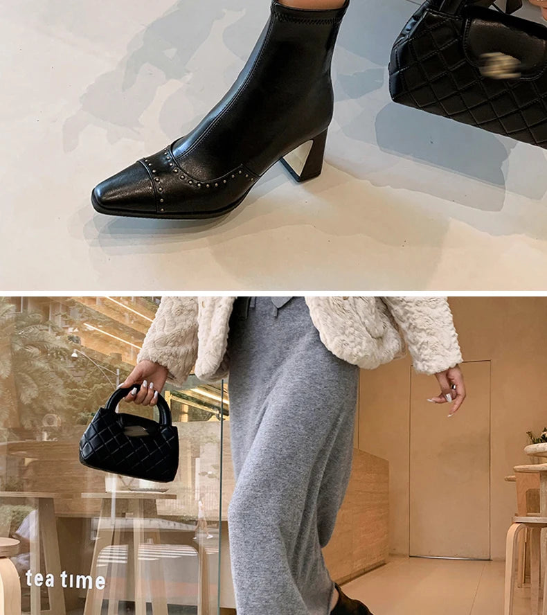 Rivetted Boots with Square Toes and Chunky Heels. Over the Ankle Stretch Tops