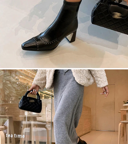 Rivetted Boots with Square Toes and Chunky Heels. Over the Ankle Stretch Tops