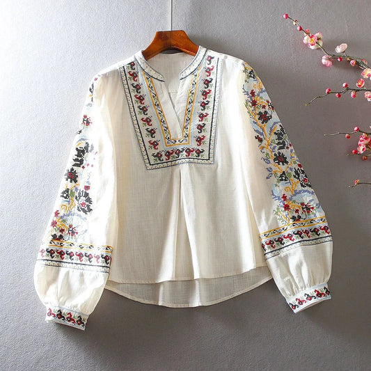 Artistic Retro Long Sleeve Embroidered Floral Casual V-neck Pullover