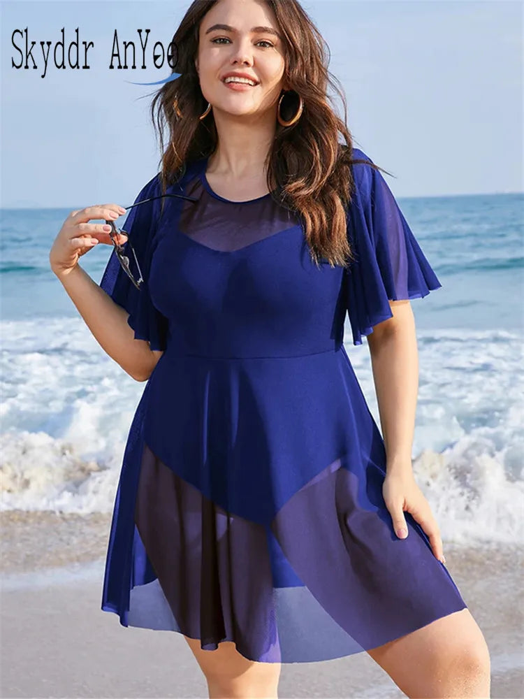 Sizes to 6 XL. One Piece Tummy Control Swimdress Solid Mesh, Ruffle Sleeved Cover Up in Blue, Black, and Burgundy