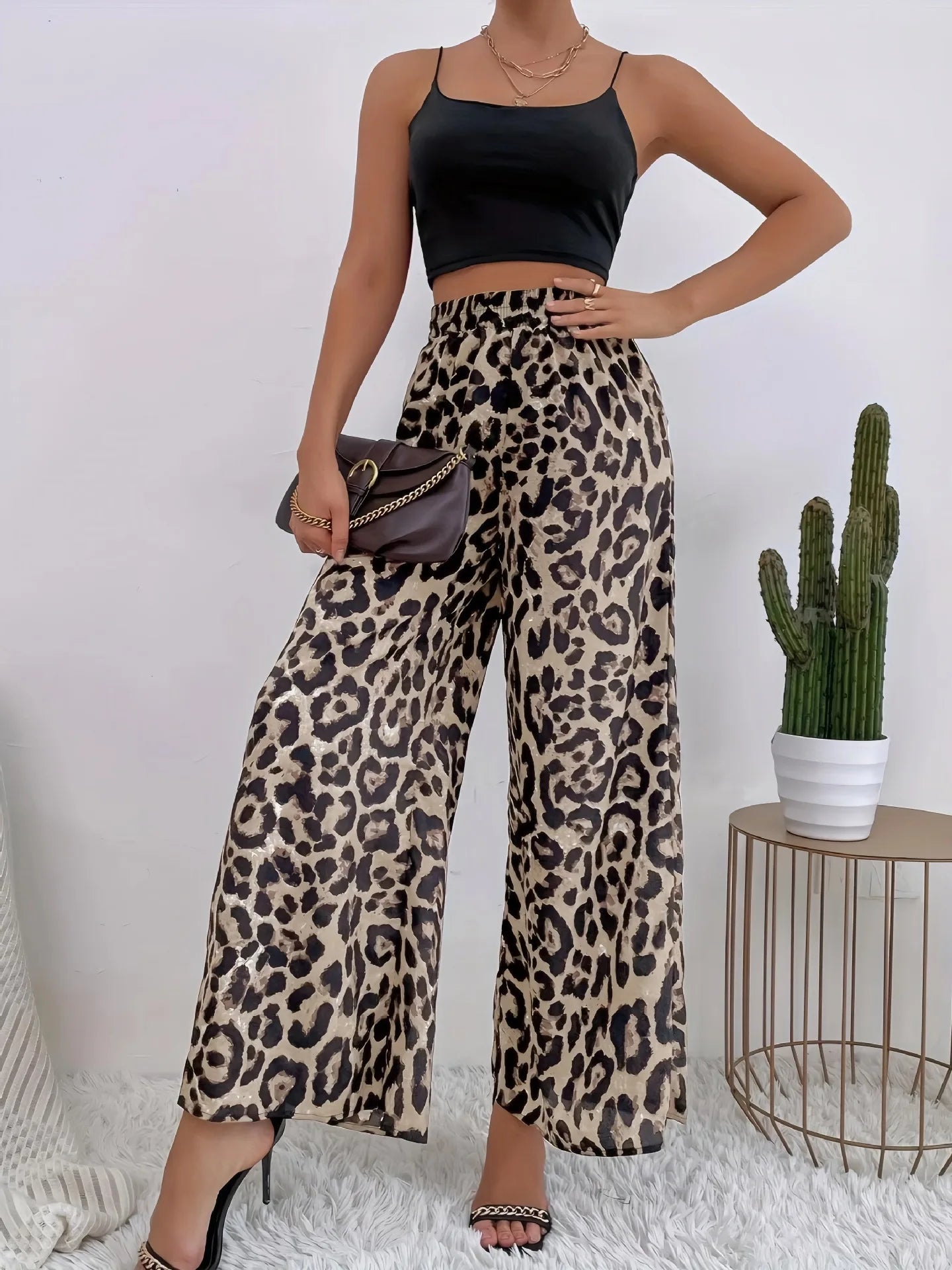 Leopard Print, Casual Straight, Wide Leg Pants, Elastic Waistband