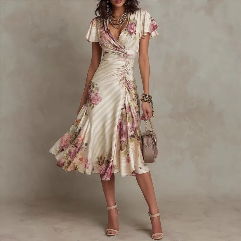 Boho Style Floral Print Midi Dress V Neck High Waist Short Bell Sleeves