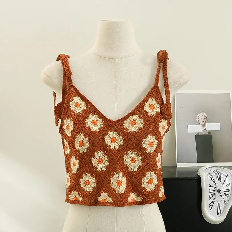 Floral Sleeveless Crochet Top with lace-up shoulder straps