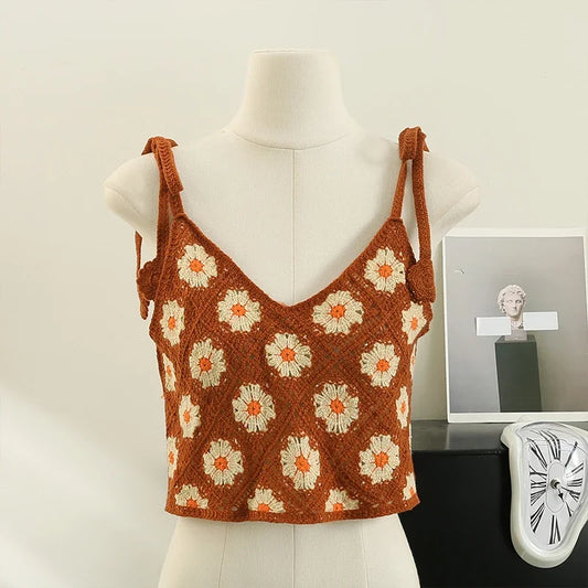 Floral Sleeveless Crochet Top with lace-up shoulder straps