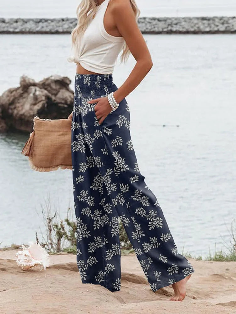 Sizes to 5XL  Bohemian Floral printed, wide leg pants, elastic waist, casual pants with pockets