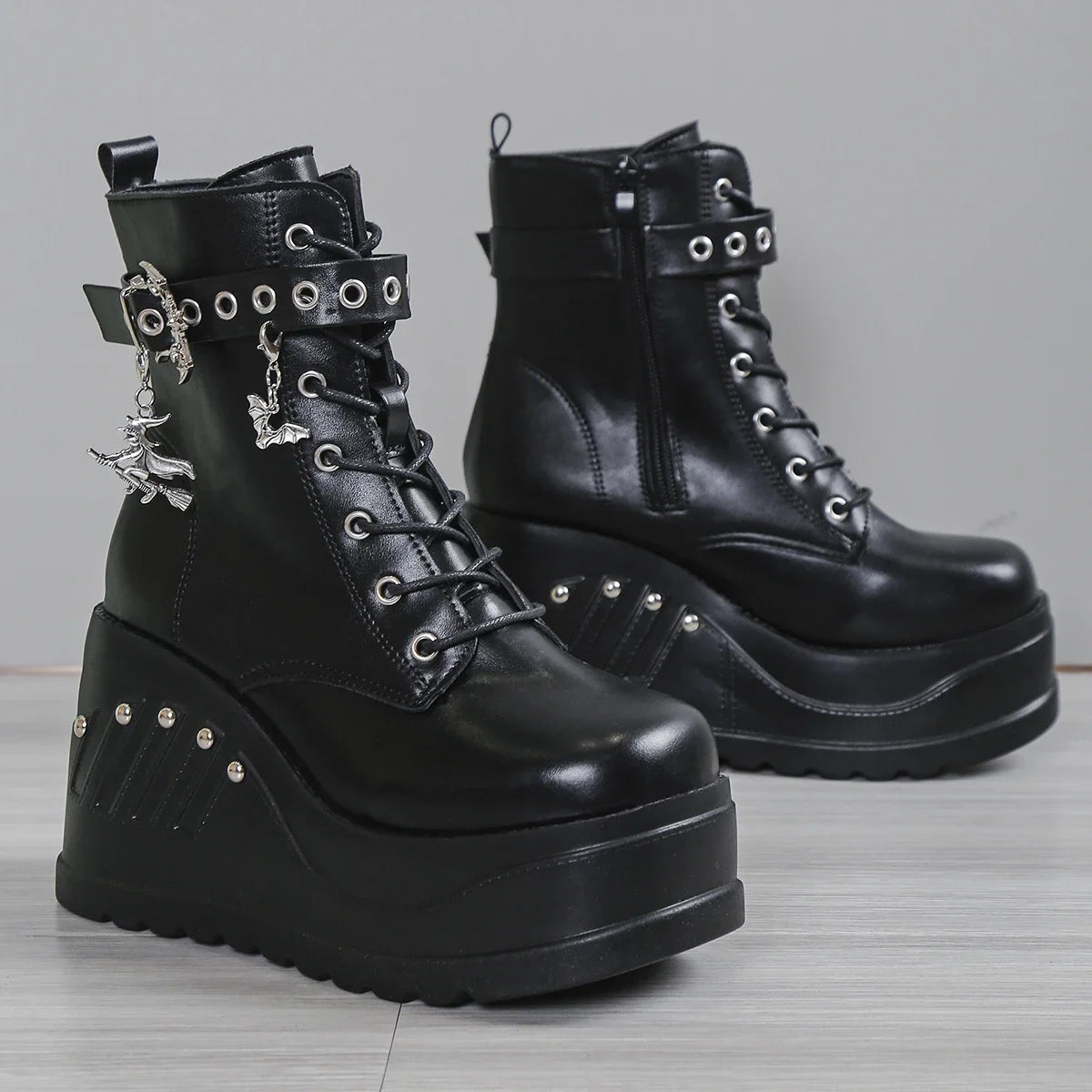 Punk Goth Platform Heels Wedge Heeled Boots, Tie and Strap Closures
