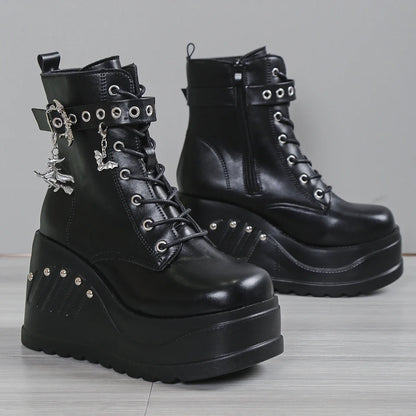 Punk Goth Platform Heels Wedge Heeled Boots, Tie and Strap Closures