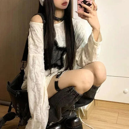 Star Print T-Shirt, Streetwear, Off Shoulder Tops, Oversized, Long Sleeve Loose Tees