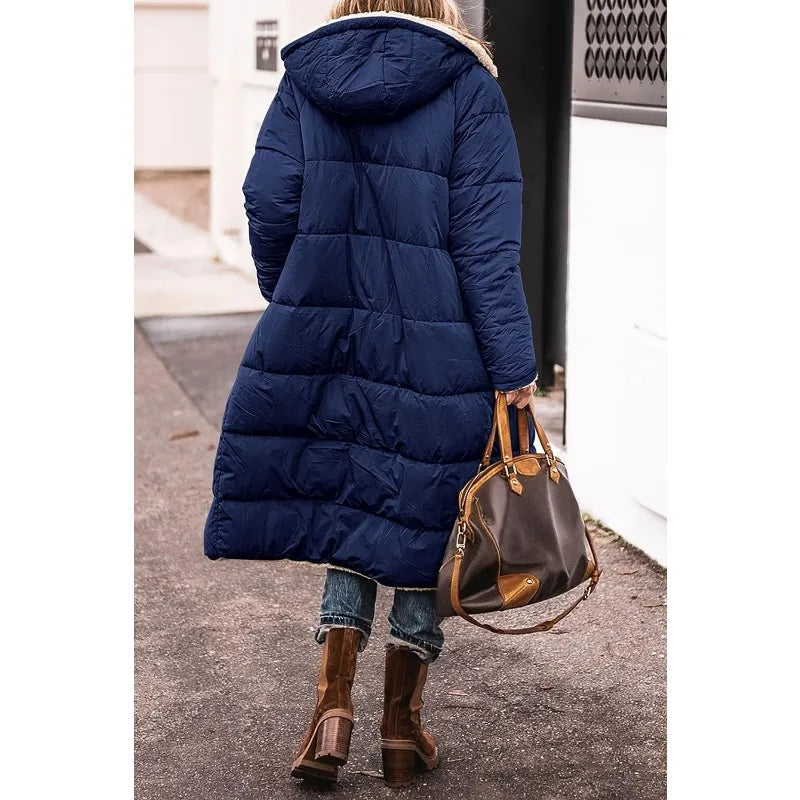 Reversible Sherpa Fleece, Long, Hooded Puffer Coats. Check colors: Brown, Green, Black, Burgundy, Light Gray