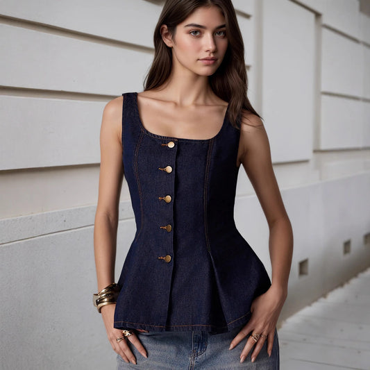 Faux Denim Button Up Corset Tank Top Vintage Jean Look Waistcoat Sleeveless Flaired Bottom